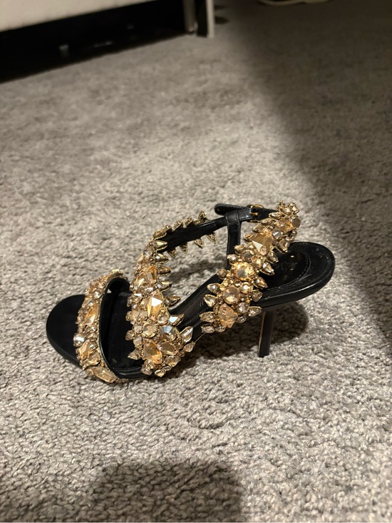 Alexander McQueen Black Heeled Sandals with Gold Crystal Embellishments